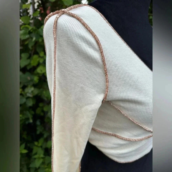 Cider cotton ribbed beige stiching long sleeve cropped top sz S nwot 006 - Picture 4 of 7